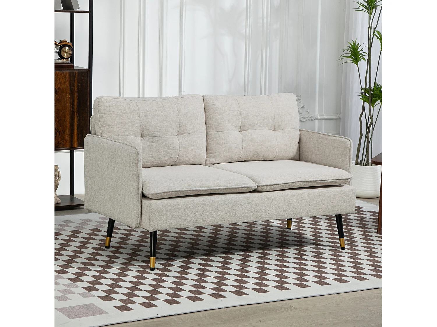 Divano 2 posti in tessuto effetto lino con cuscini bianco crema