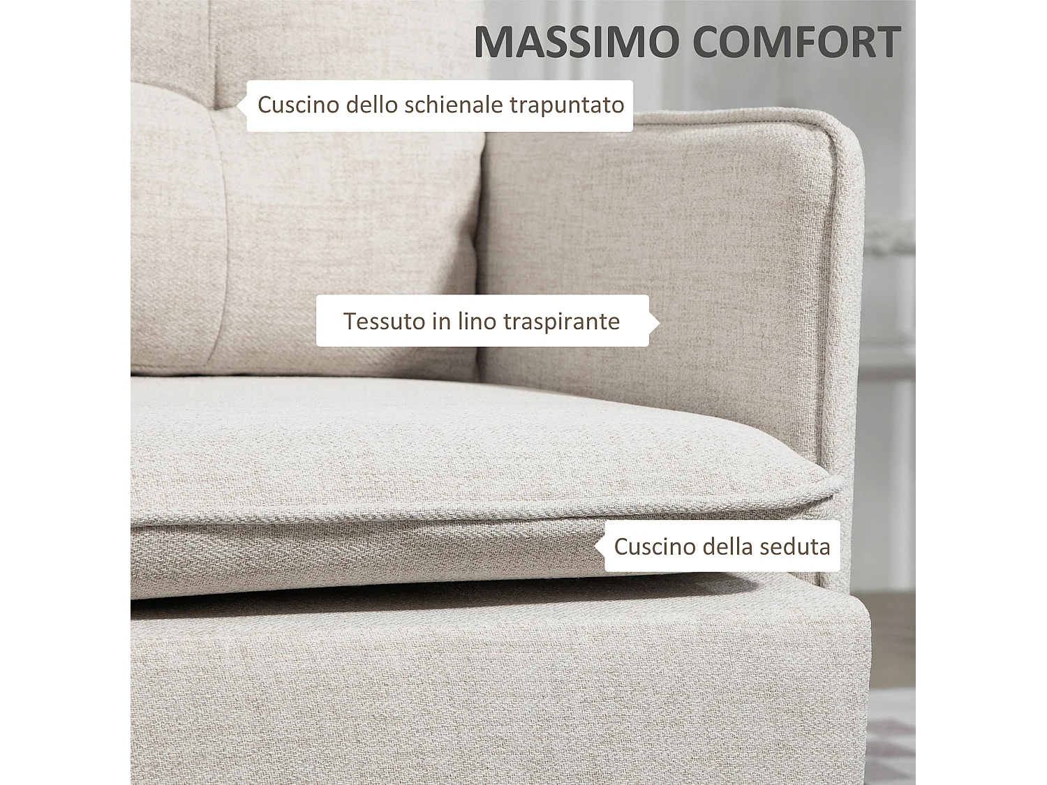 Divano 2 posti in tessuto effetto lino con cuscini bianco crema