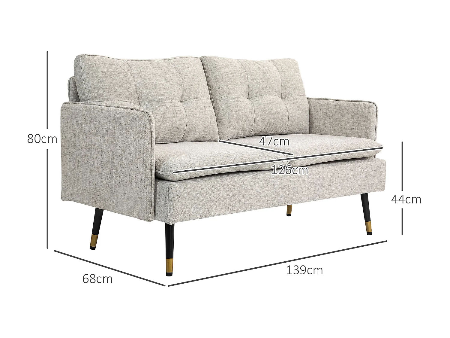 Divano 2 posti in tessuto effetto lino con cuscini bianco crema