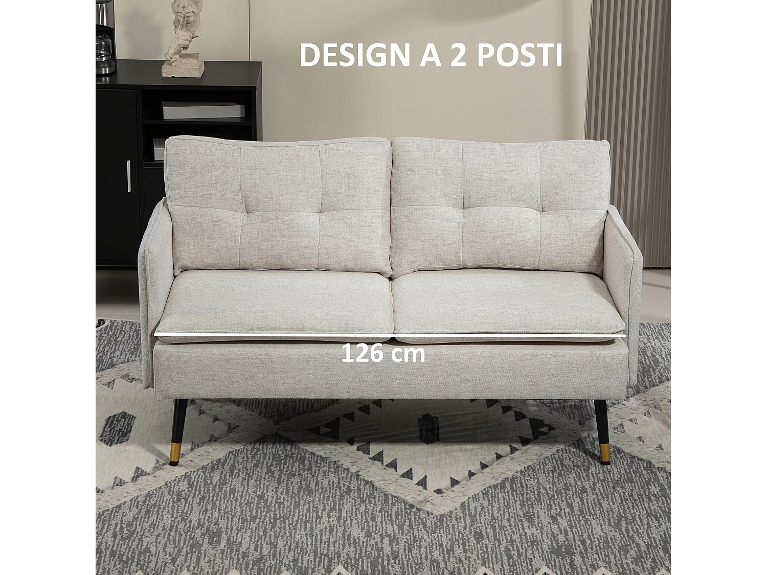 Divano 2 posti in tessuto effetto lino con cuscini bianco crema