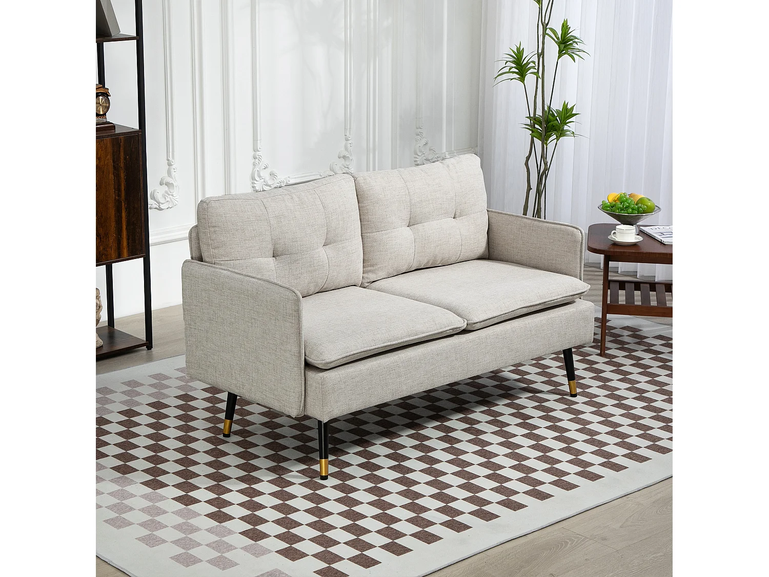 Divano 2 posti in tessuto effetto lino con cuscini bianco crema