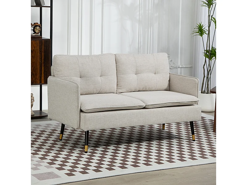 Divano 2 posti in tessuto effetto lino con cuscini bianco crema