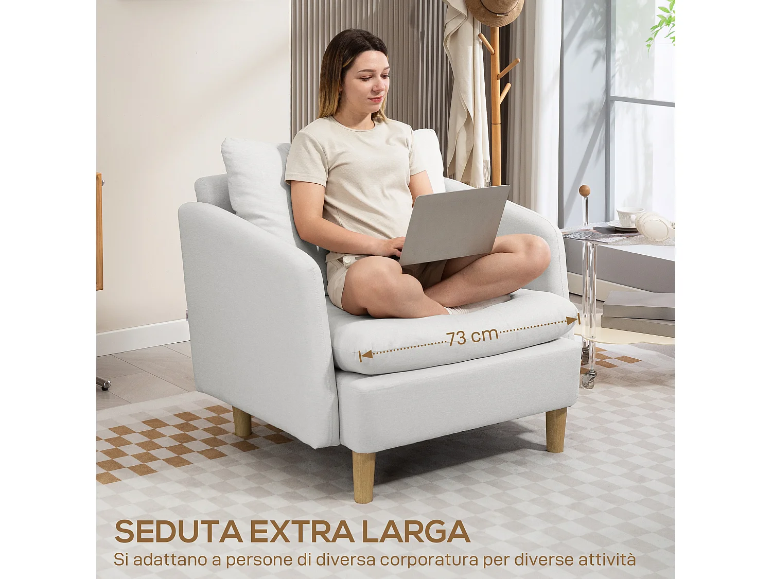 Poltrona da salotto moderna con imbottitura spessa in tessuto crema