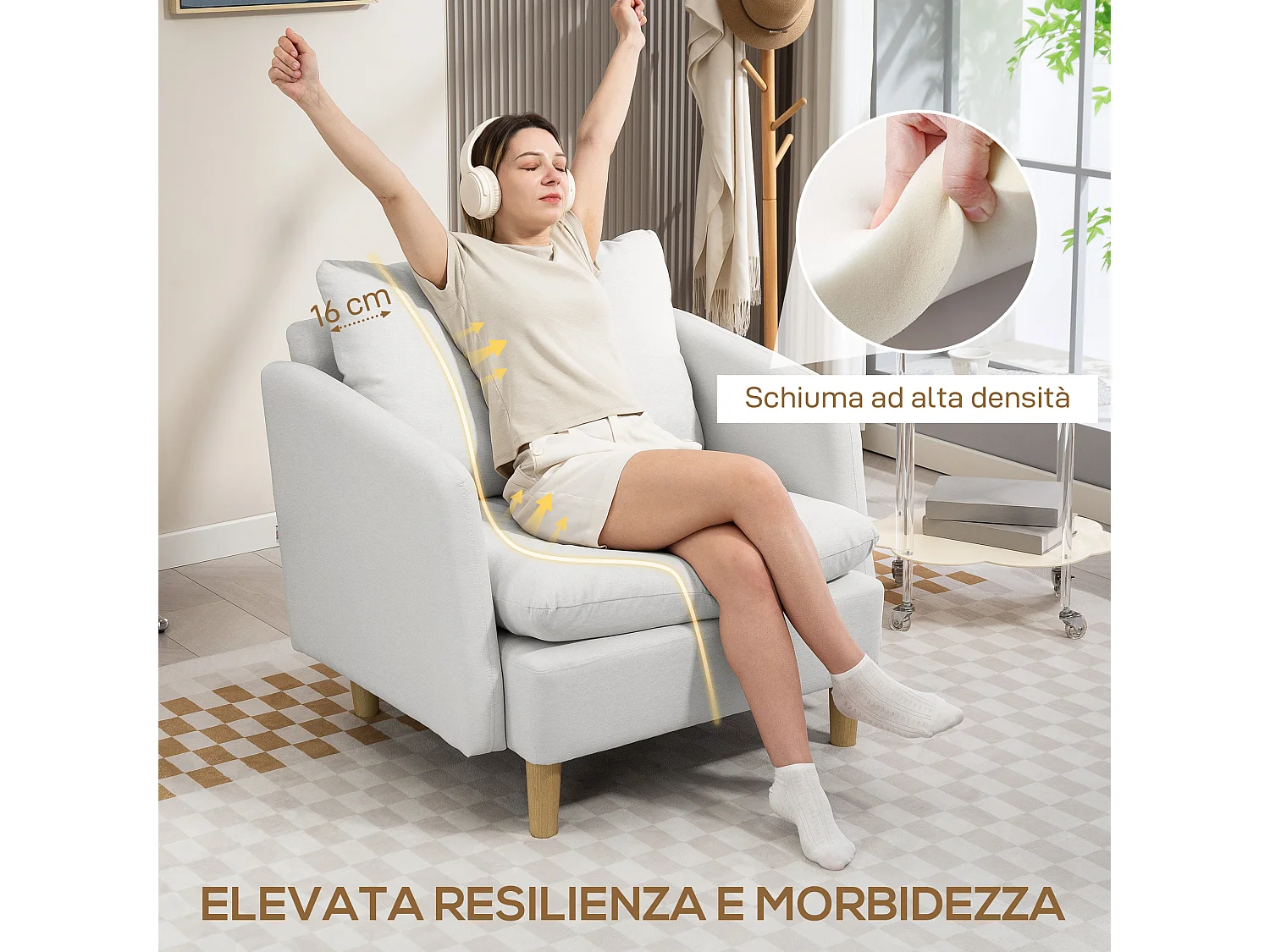 Poltrona da salotto moderna con imbottitura spessa in tessuto crema