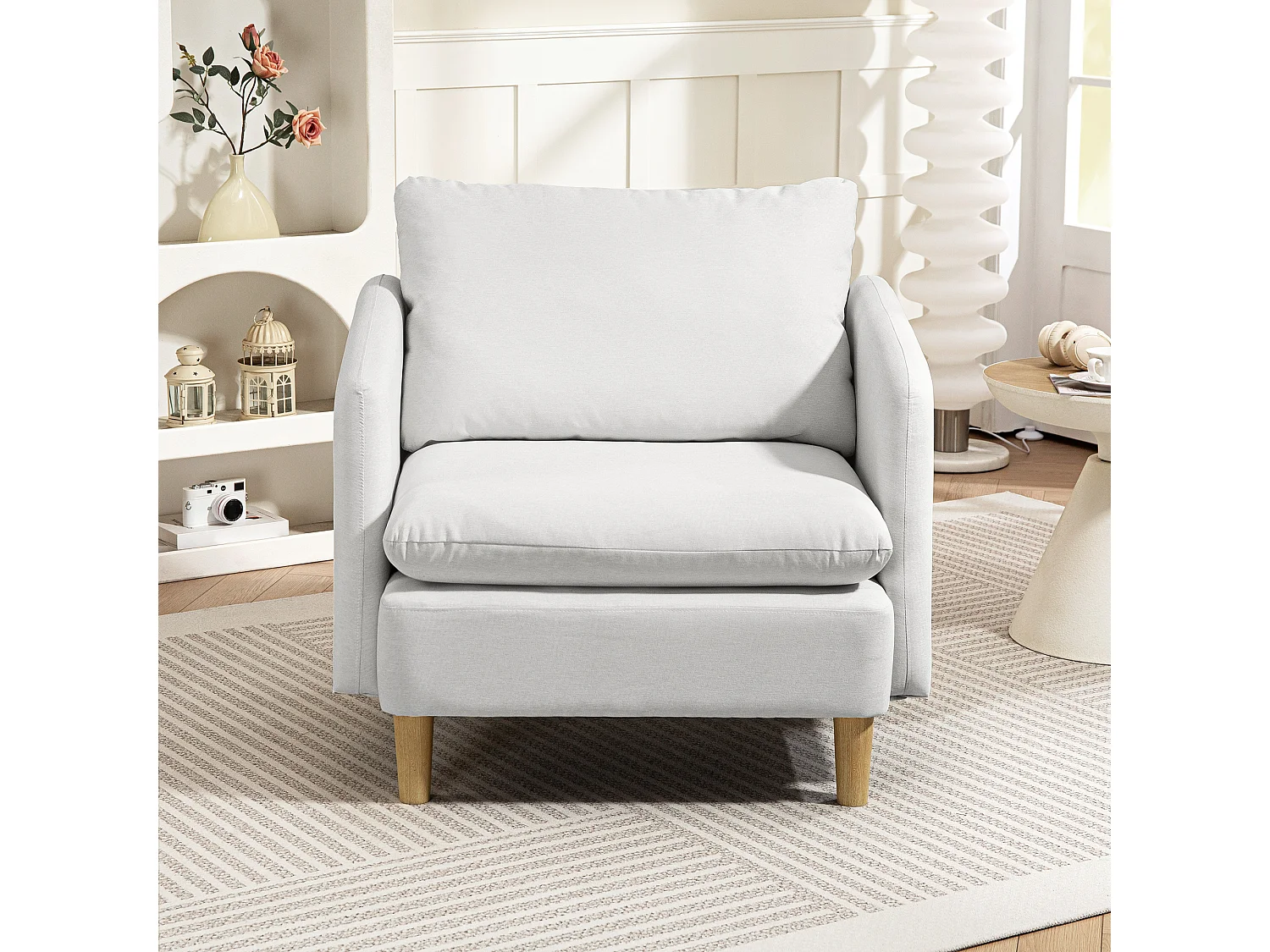 Poltrona da salotto moderna con imbottitura spessa in tessuto crema