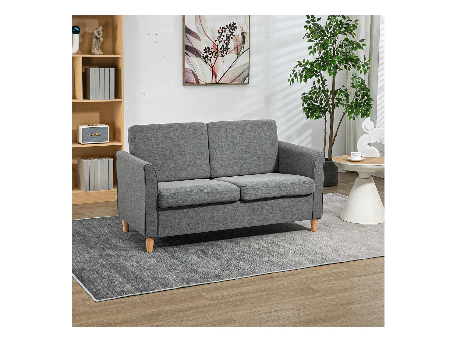 Divano 2 posti linea moderna e compatta in lino grigio e legno