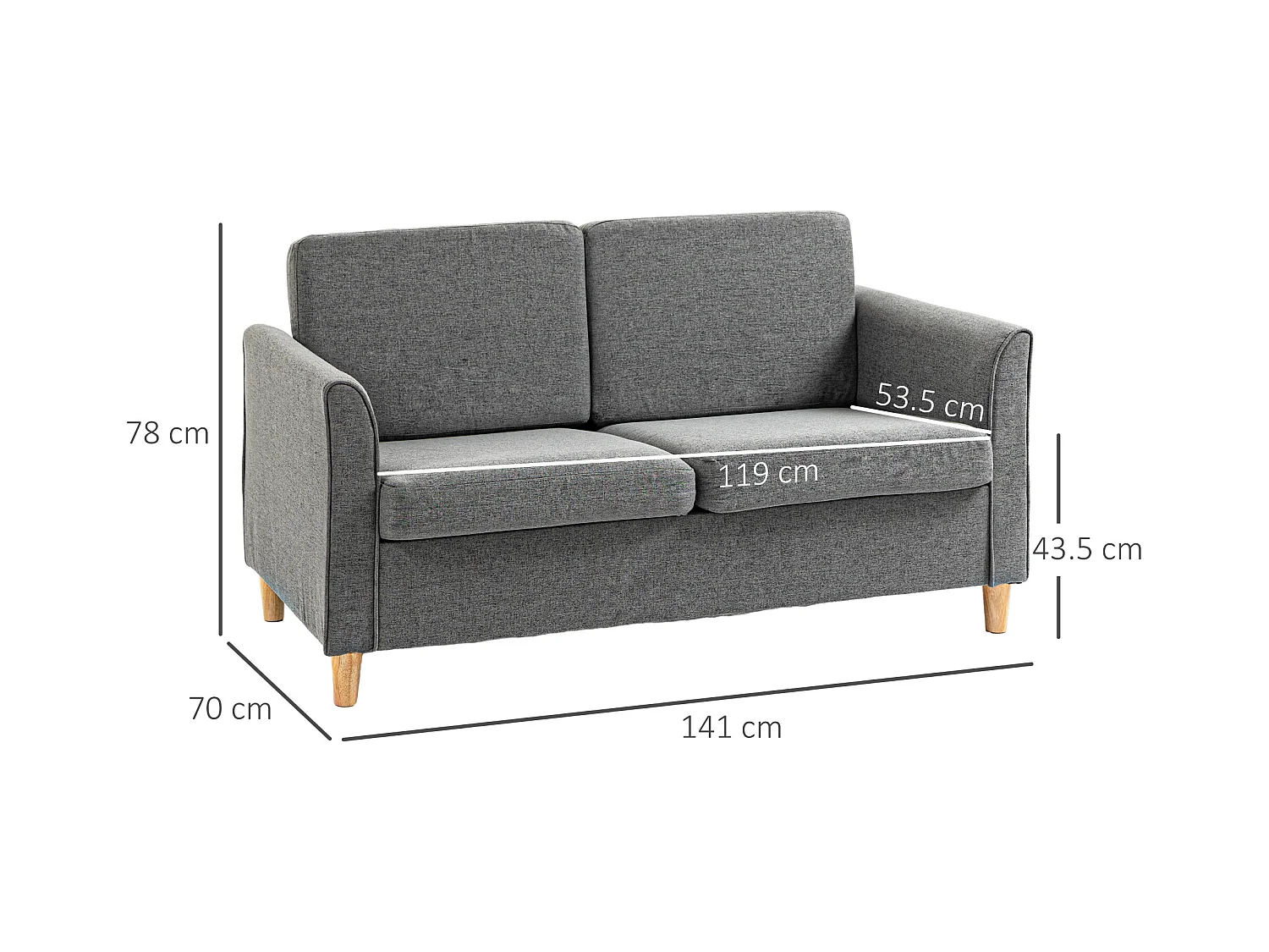 Divano 2 posti linea moderna e compatta in lino grigio e legno