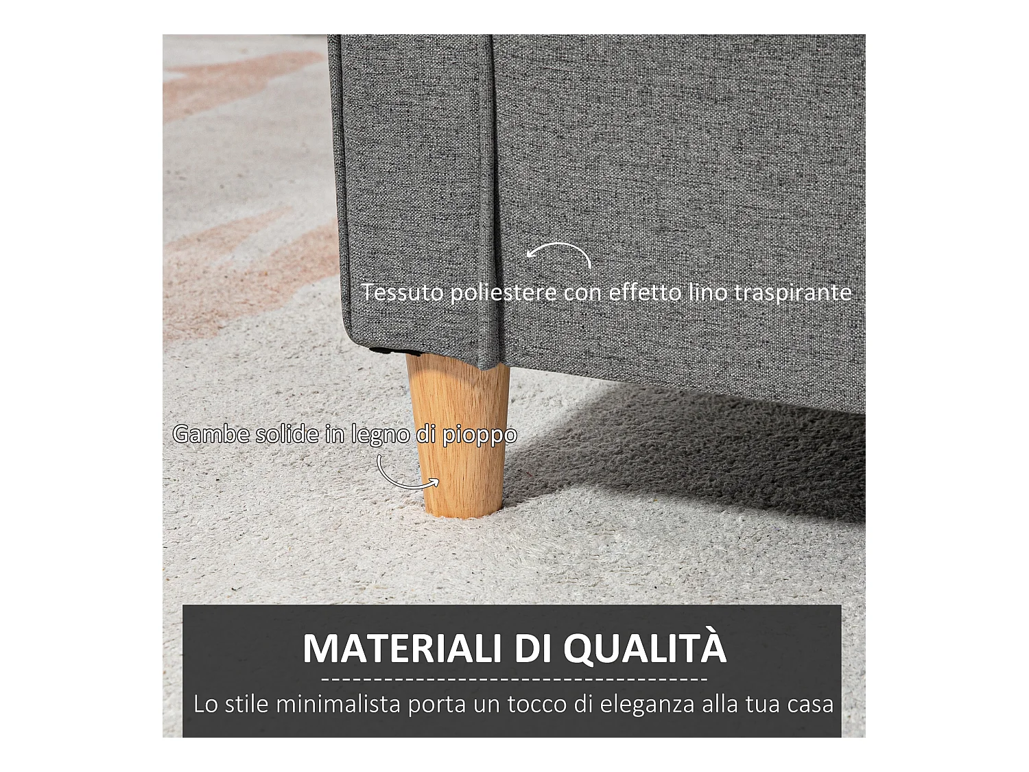 Divano 2 posti linea moderna e compatta in lino grigio e legno