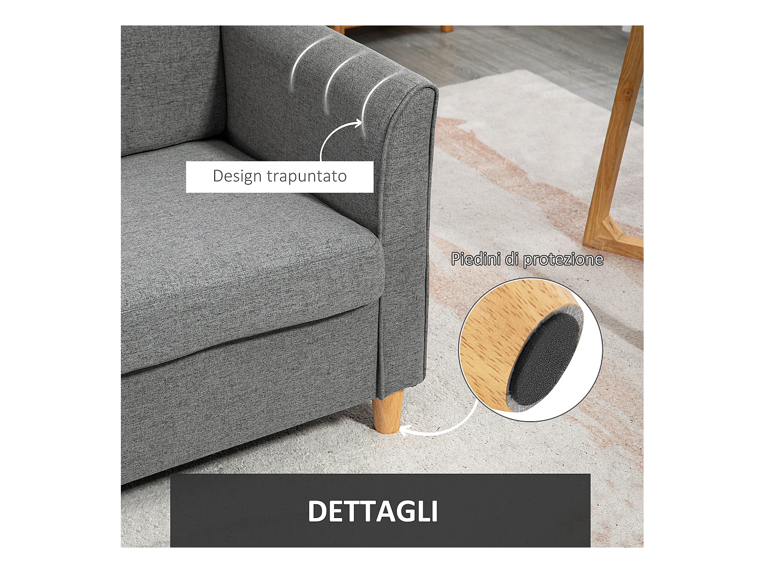 Divano 2 posti linea moderna e compatta in lino grigio e legno
