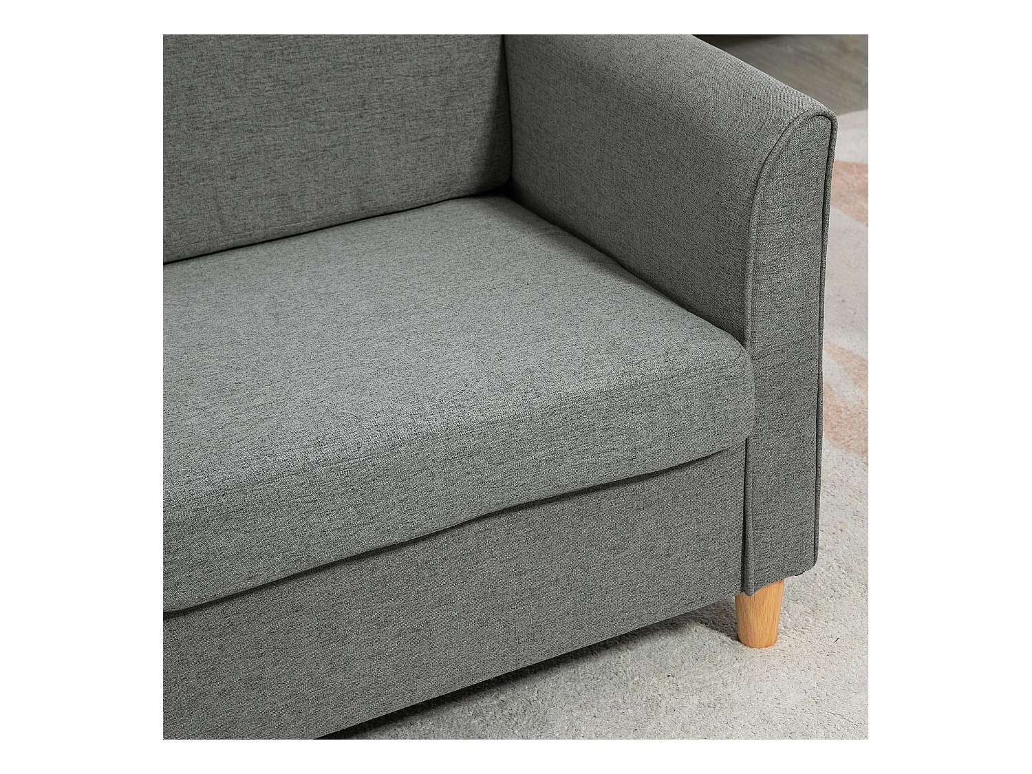 Divano 2 posti linea moderna e compatta in lino grigio e legno