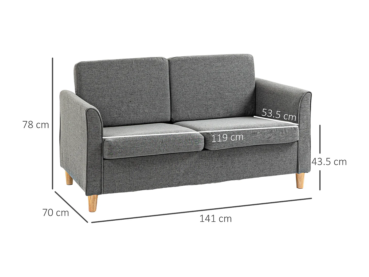 Divano 2 posti linea moderna e compatta in lino grigio e legno