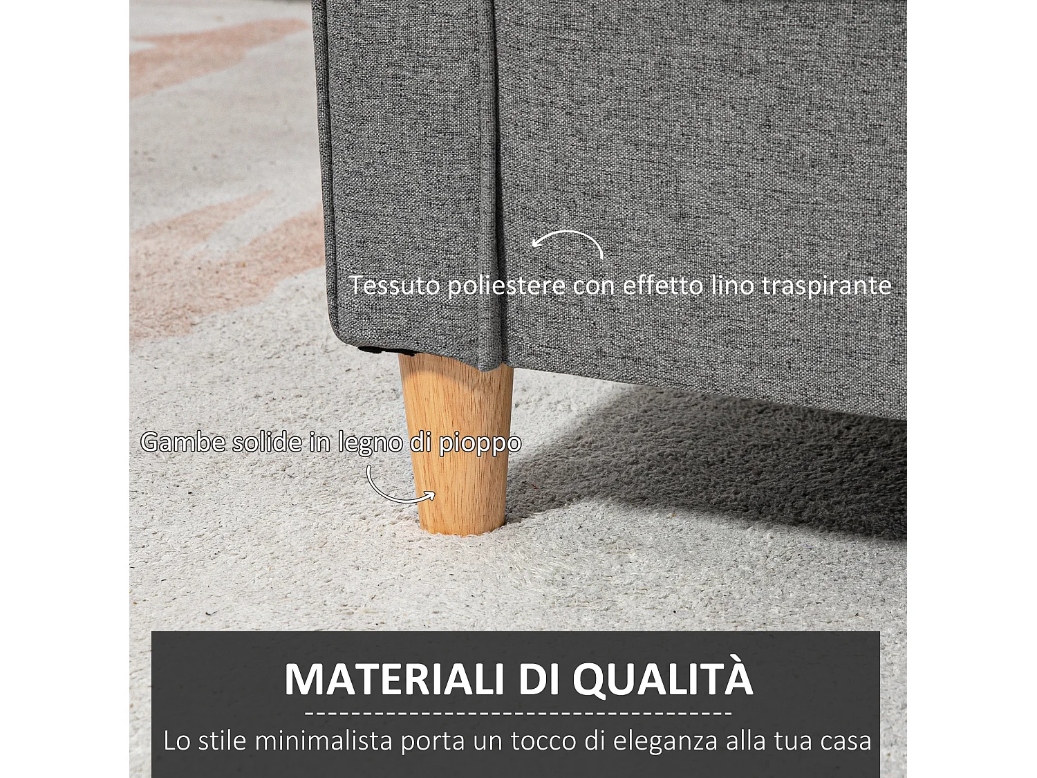 Divano 2 posti linea moderna e compatta in lino grigio e legno