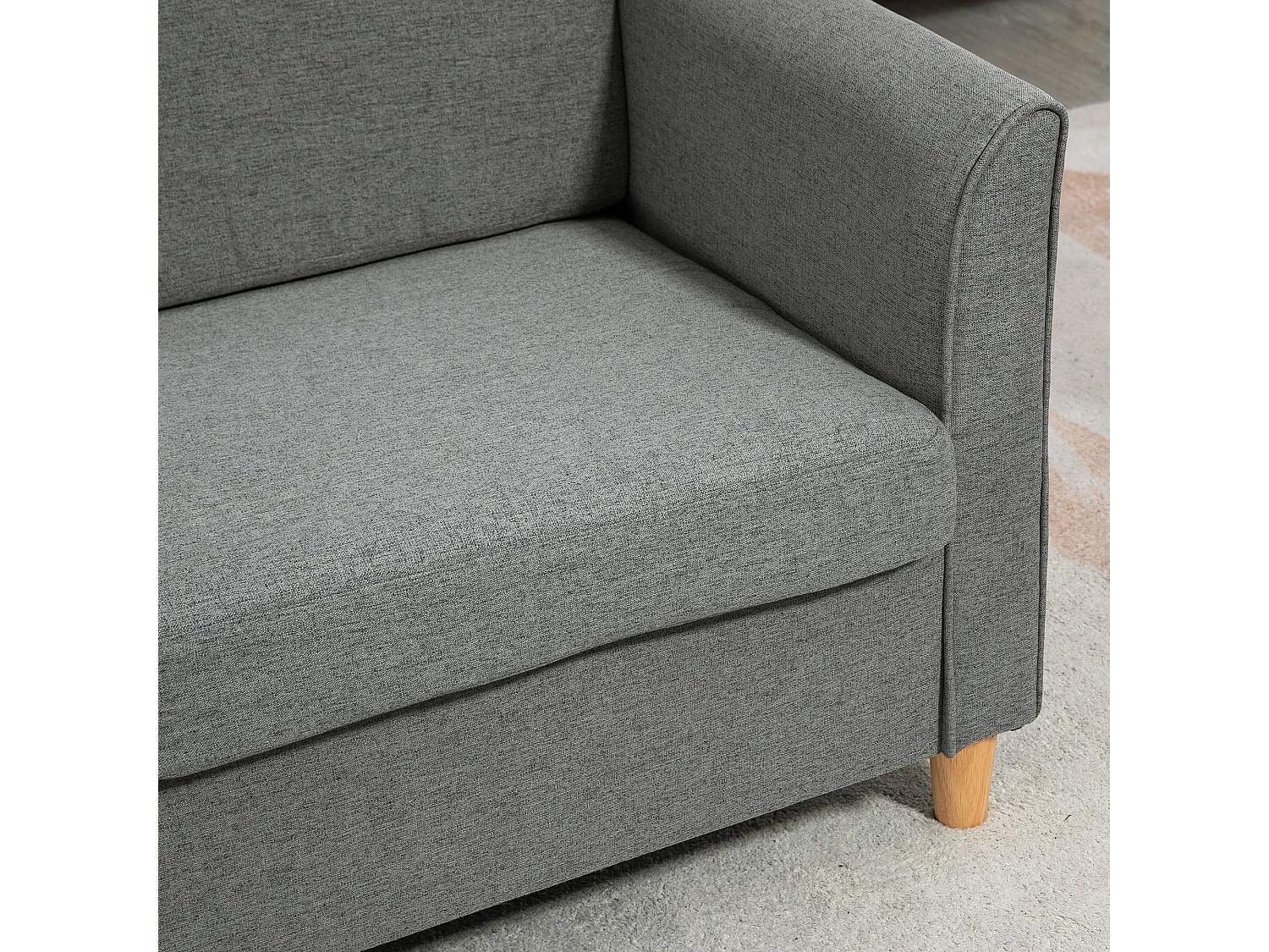 Divano 2 posti linea moderna e compatta in lino grigio e legno