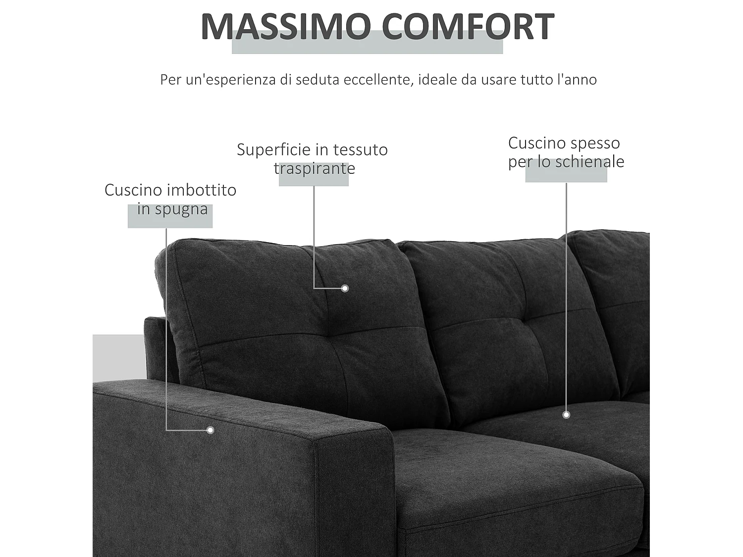 Divano 3 posti ad angolo con penisola reversibile in tessuto nero