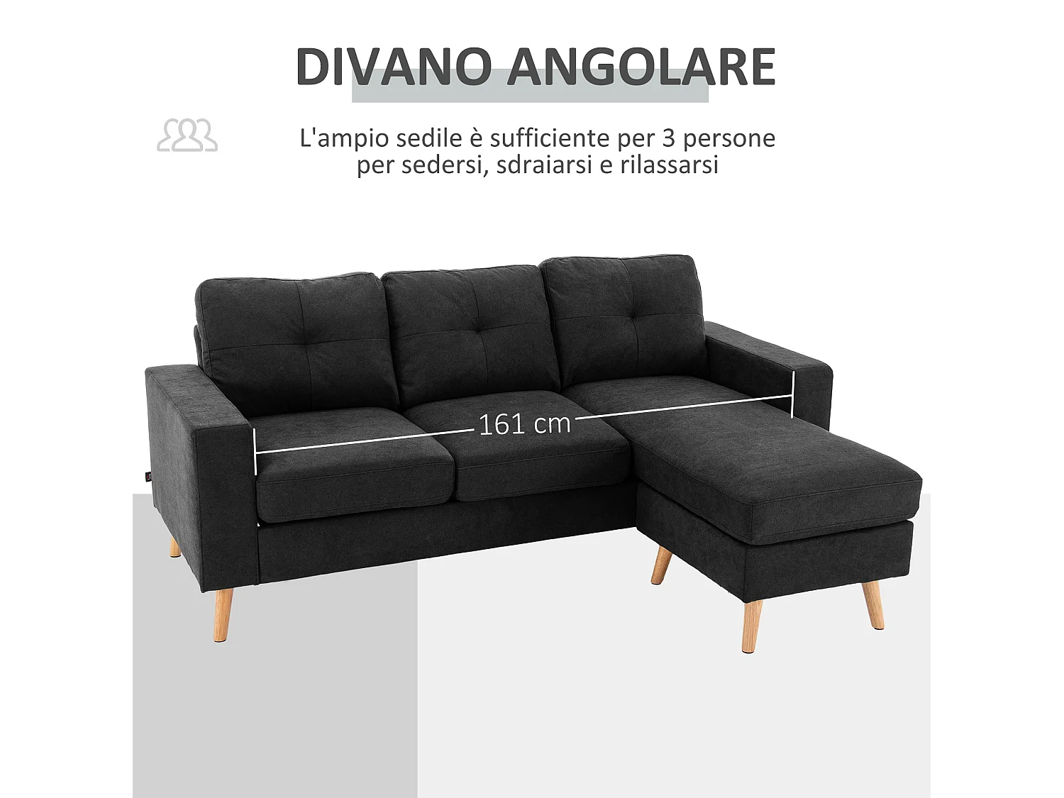 Divano 3 posti ad angolo con penisola reversibile in tessuto nero