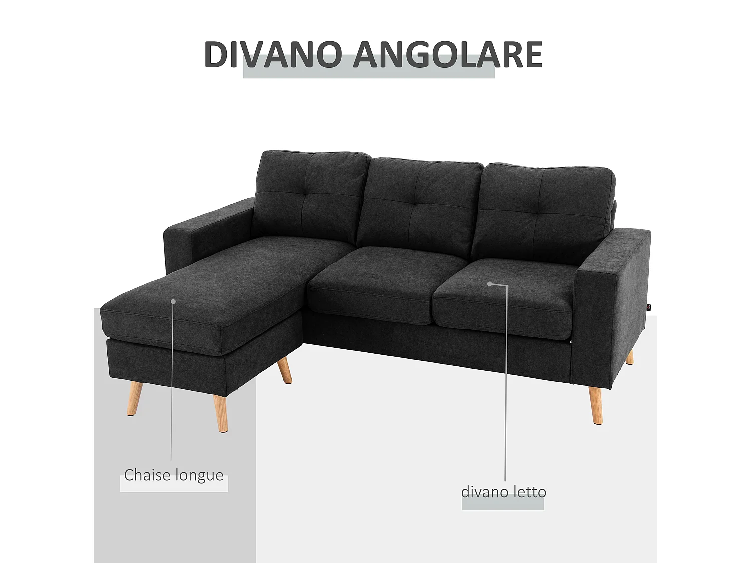 Divano 3 posti ad angolo con penisola reversibile in tessuto nero