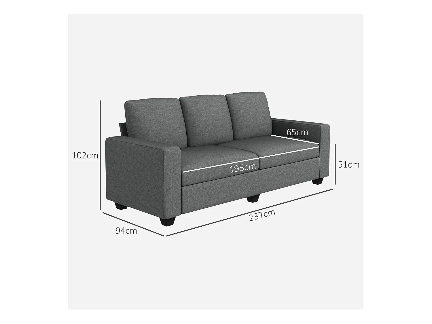 Divano 3 posti in tessuto effetto lino 237x94x102cm grigio