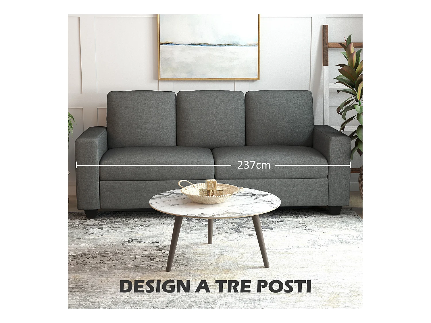 Divano 3 posti in tessuto effetto lino 237x94x102cm grigio