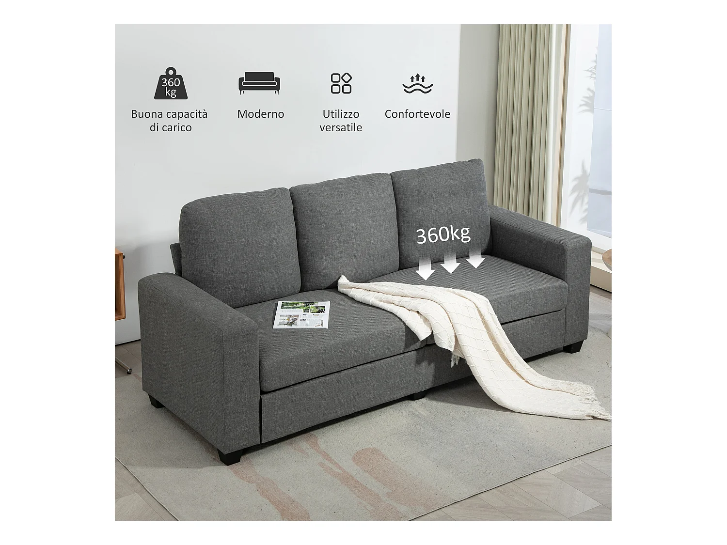 Divano 3 posti in tessuto effetto lino 237x94x102cm grigio