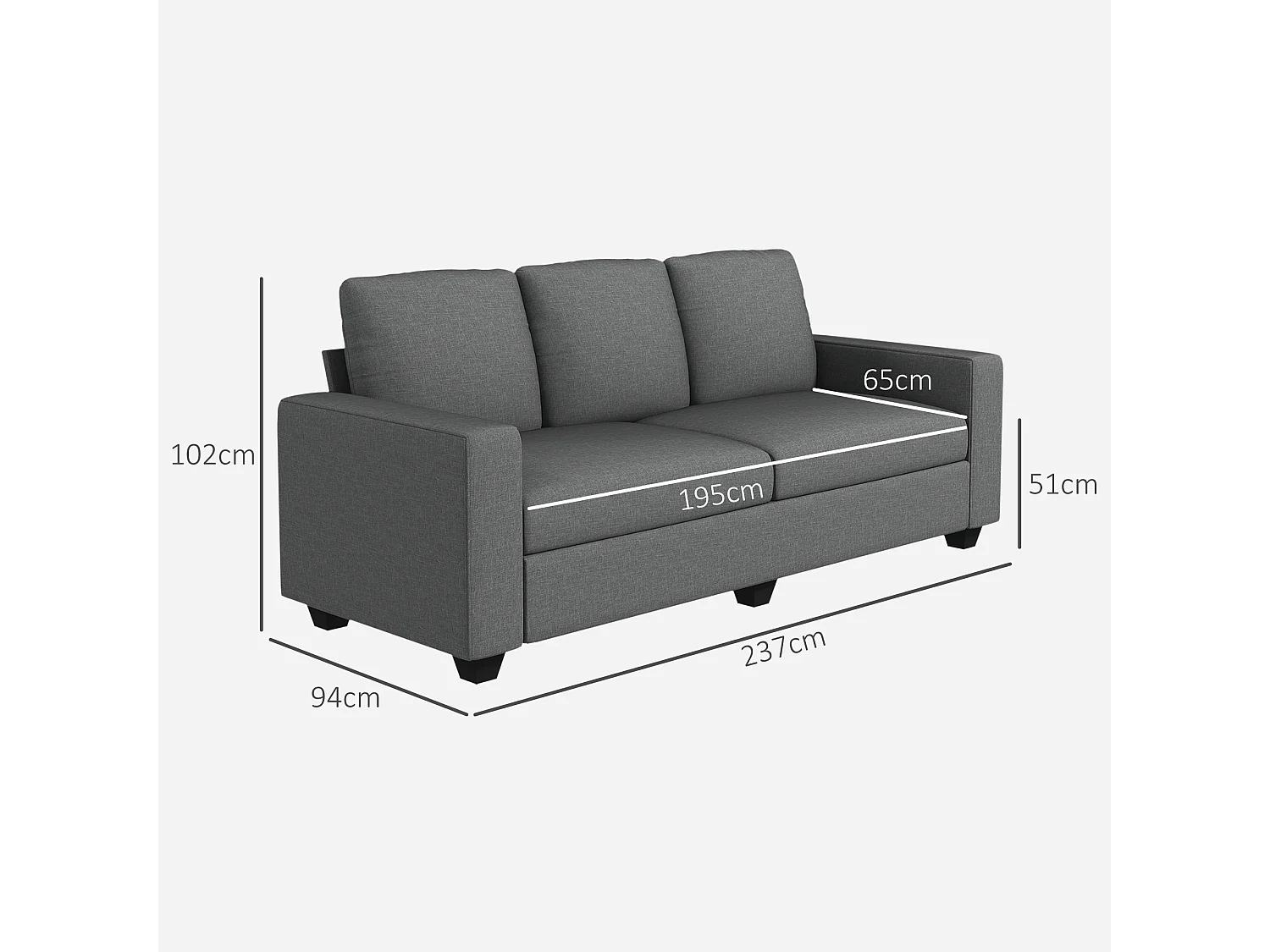 Divano 3 posti in tessuto effetto lino 237x94x102cm grigio