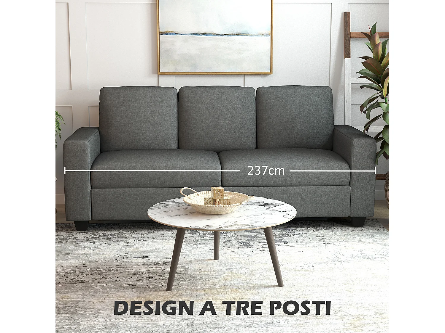 Divano 3 posti in tessuto effetto lino 237x94x102cm grigio