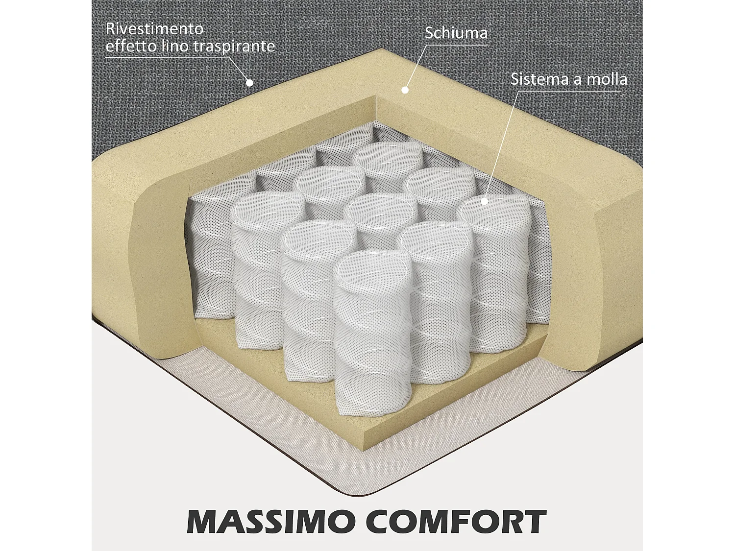 Divano 3 posti in tessuto effetto lino 237x94x102cm grigio