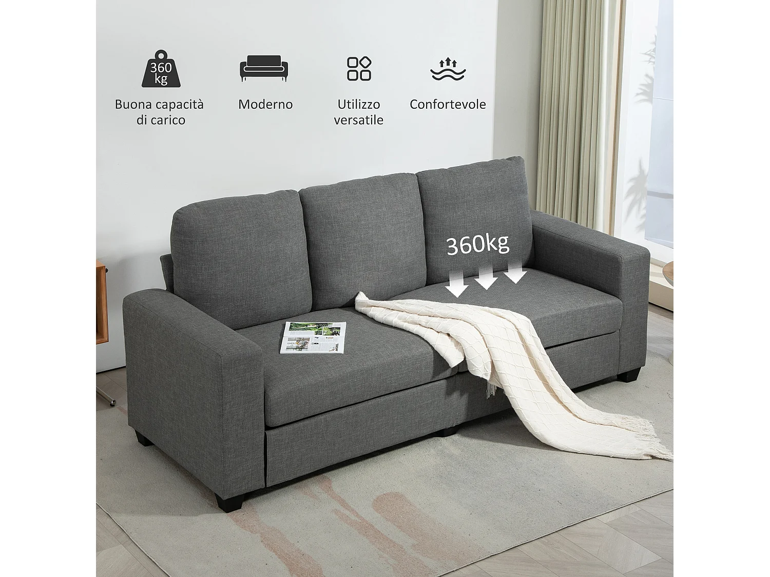 Divano 3 posti in tessuto effetto lino 237x94x102cm grigio