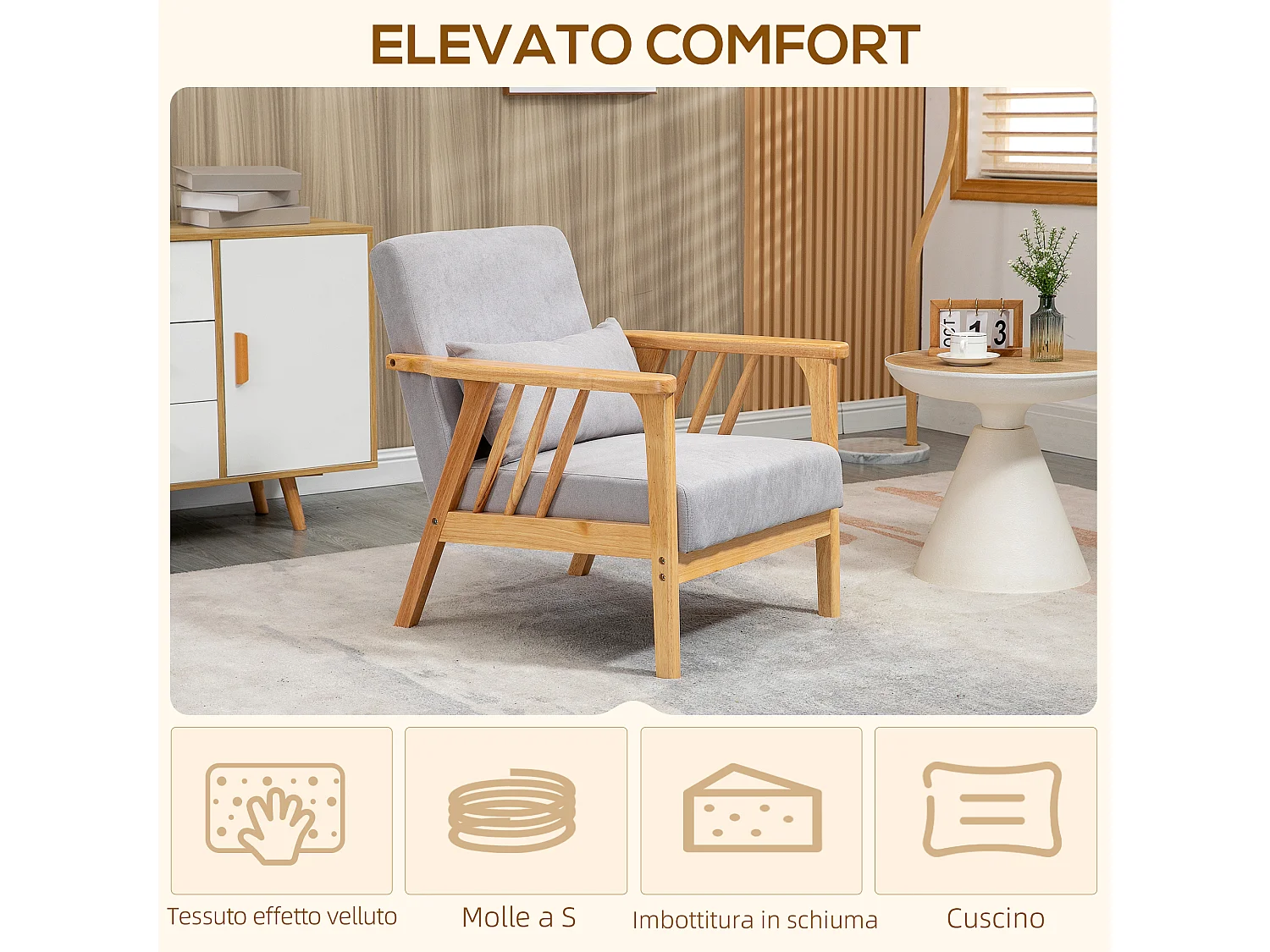 Poltrona moderna in legno con rivestimento vellutato grigio