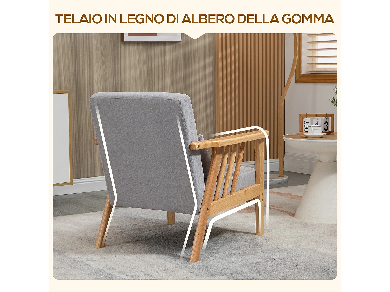 Poltrona moderna in legno con rivestimento vellutato grigio