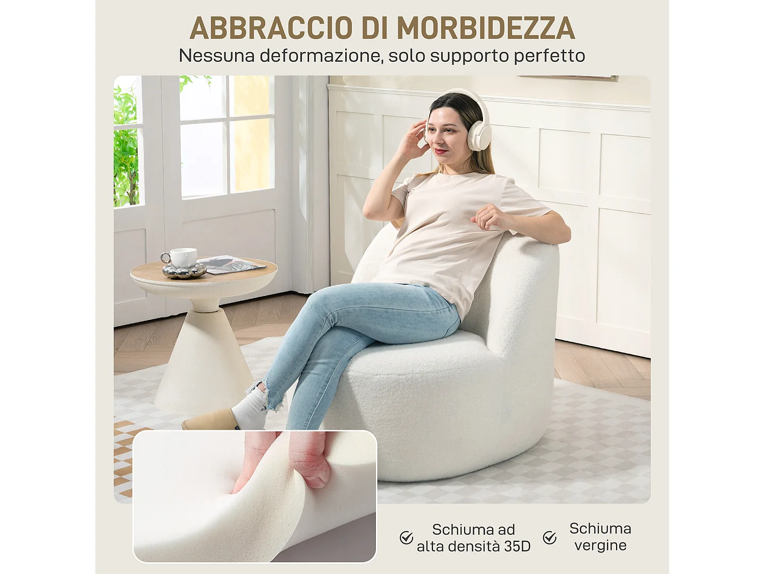 Poltrona per salotto in stile moderno con schienale ergonomico crema