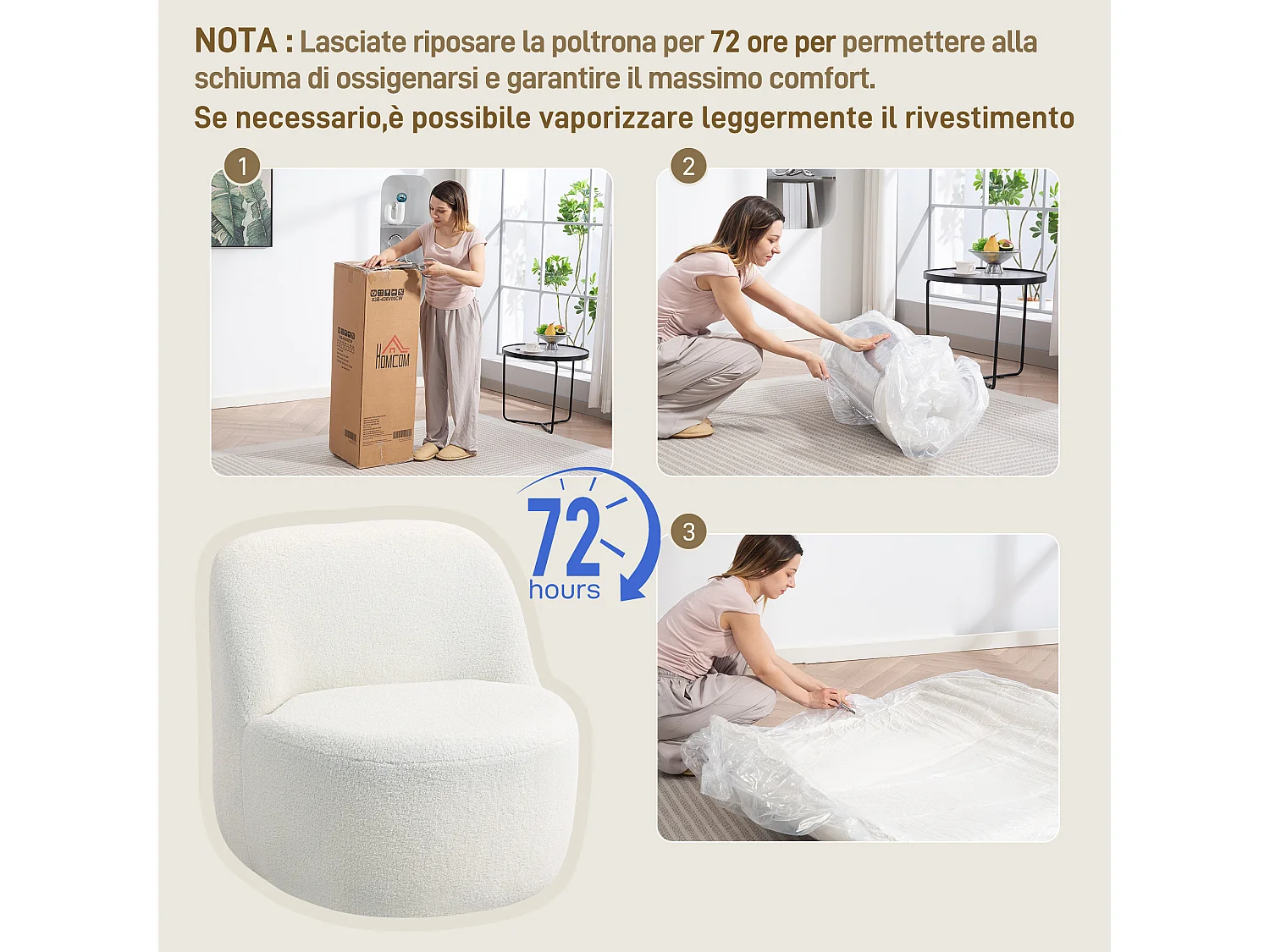 Poltrona per salotto in stile moderno con schienale ergonomico crema