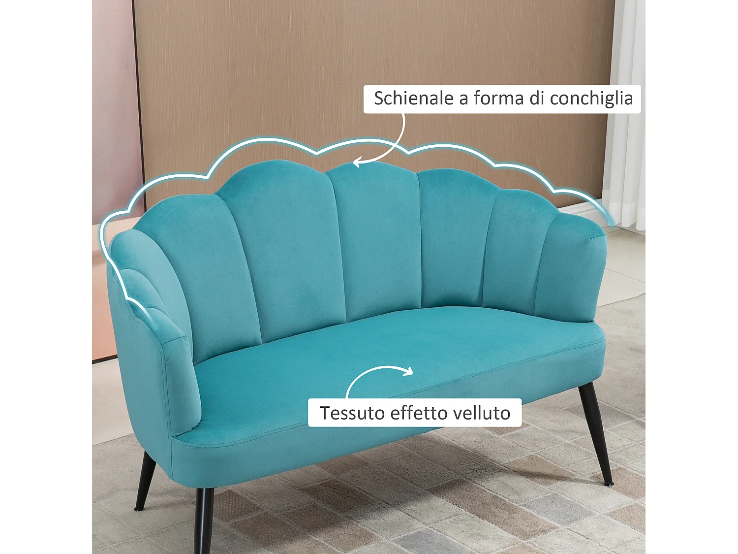 Divano 2 posti in velluto con schienale a conchiglia verde