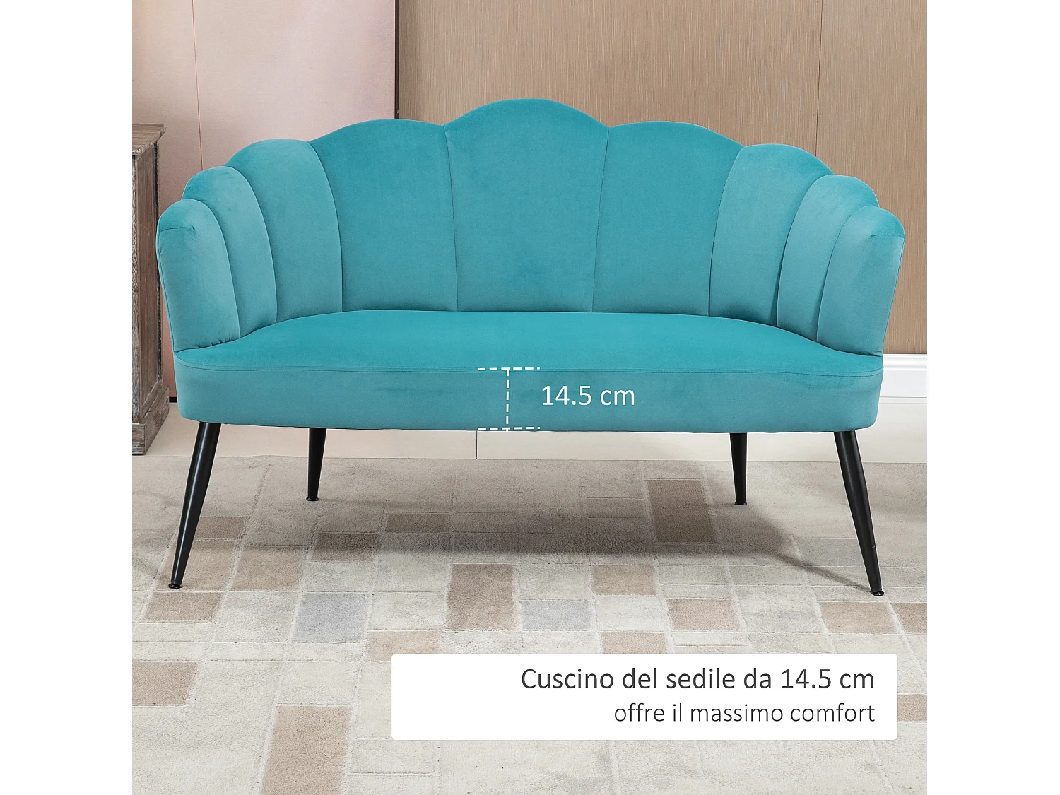 Divano 2 posti in velluto con schienale a conchiglia verde