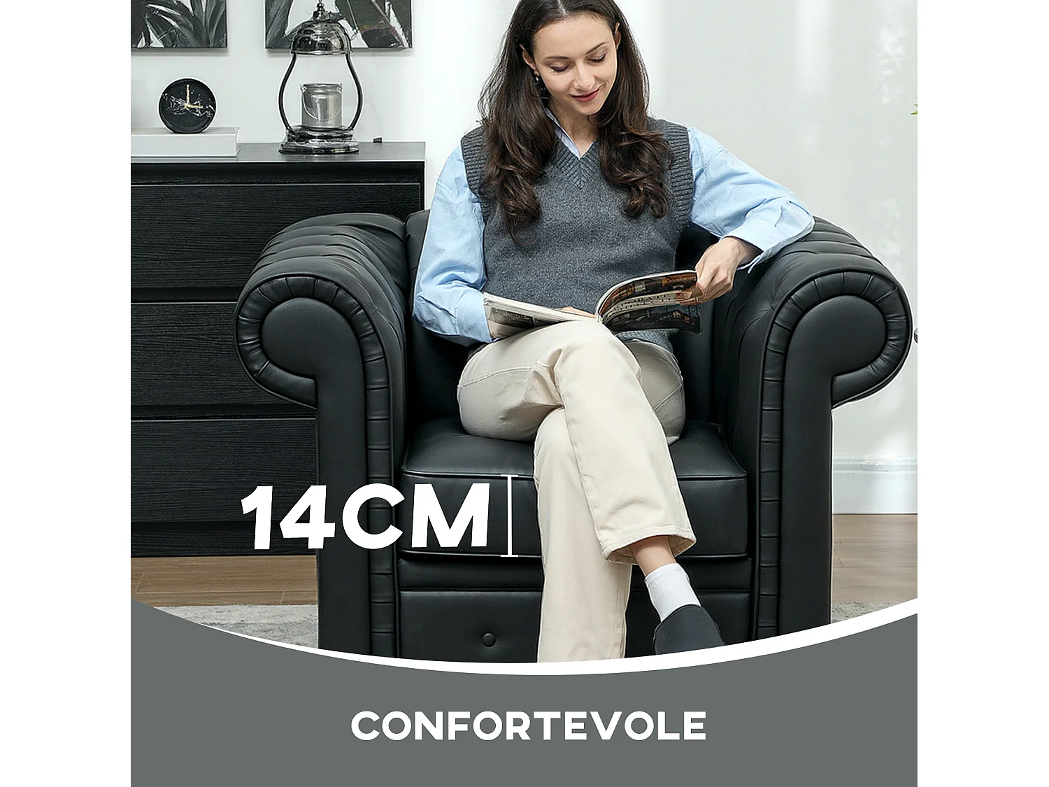 Poltrona da salotto chesterfield in finta pelle pu nero