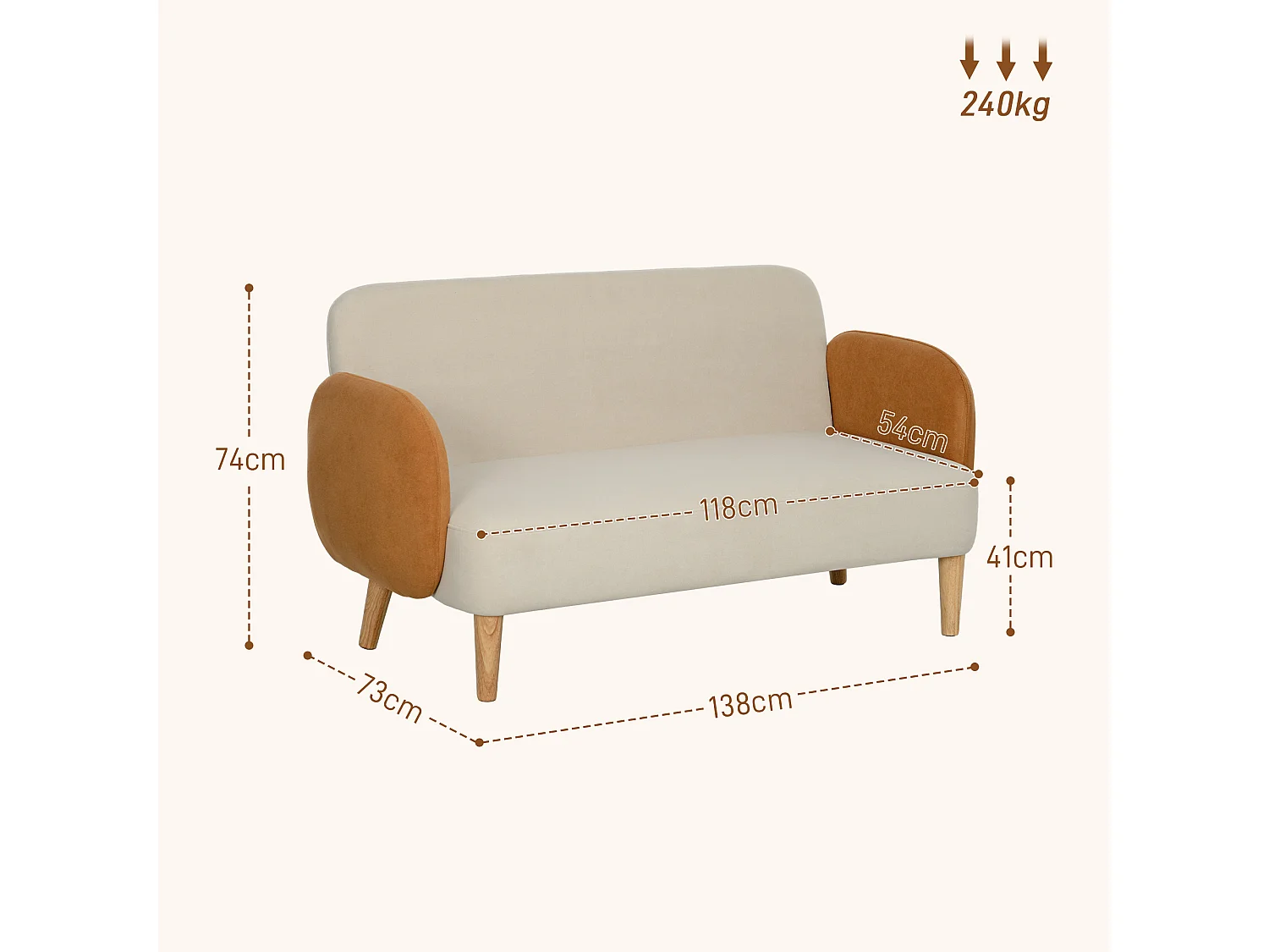 Divano 2 posti stile nordico in tessuto vellutato crema e arancione