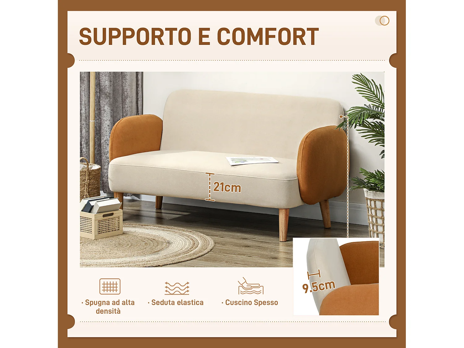 Divano 2 posti stile nordico in tessuto vellutato crema e arancione