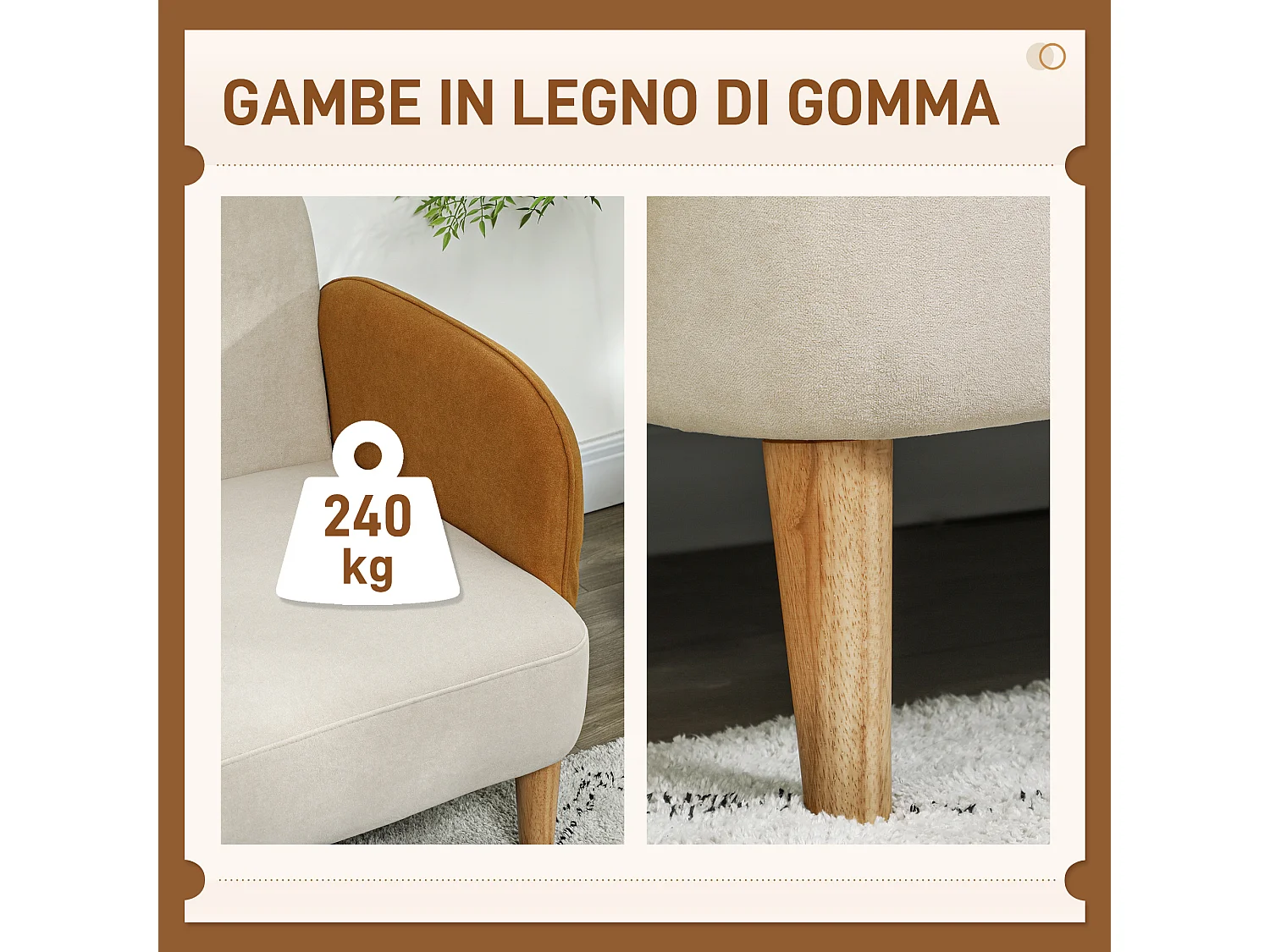 Divano 2 posti stile nordico in tessuto vellutato crema e arancione