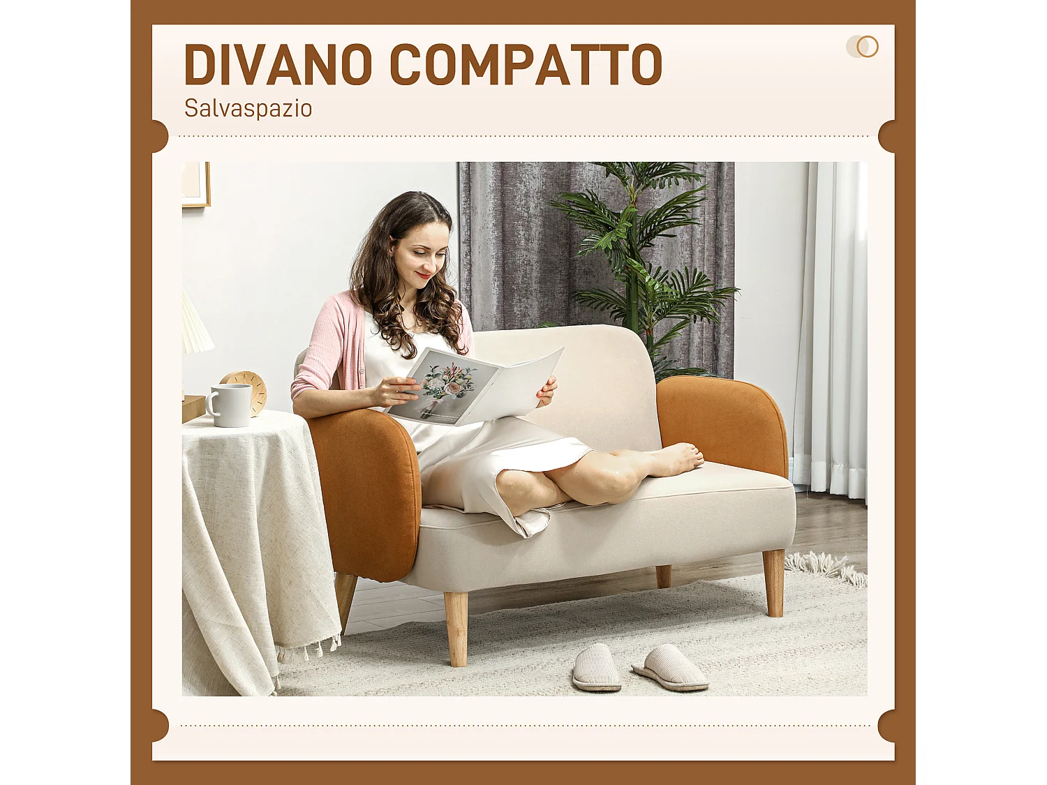 Divano 2 posti stile nordico in tessuto vellutato crema e arancione