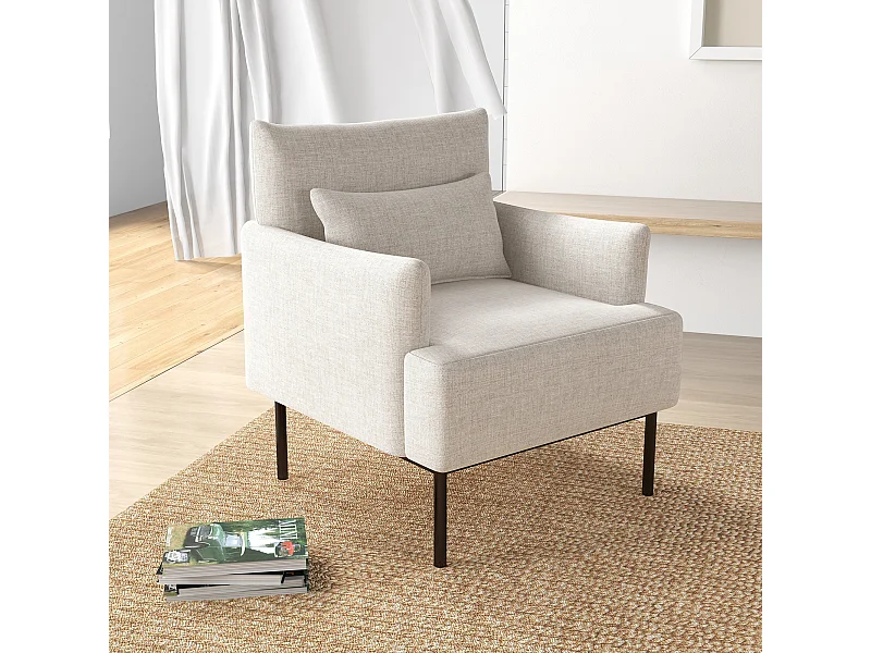 Poltrona moderna d'arredo con schienale imbottito e cuscino crema