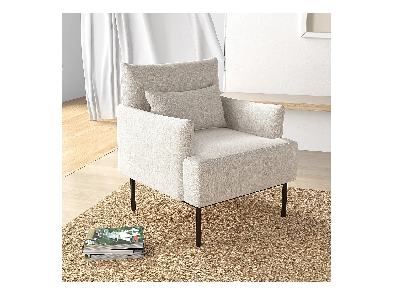 Poltrona moderna d'arredo con schienale imbottito e cuscino crema