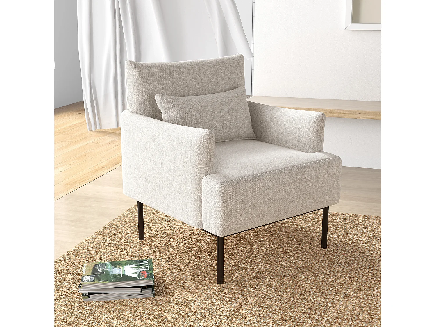 Poltrona moderna d'arredo con schienale imbottito e cuscino crema