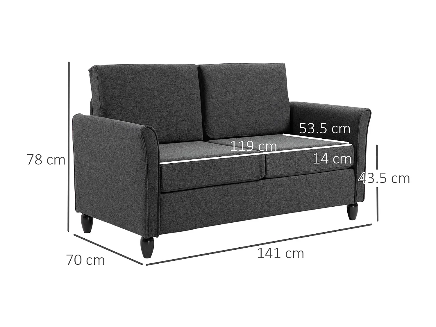 Divano a 2 posti con cuscini da salotto lino grigio scuro