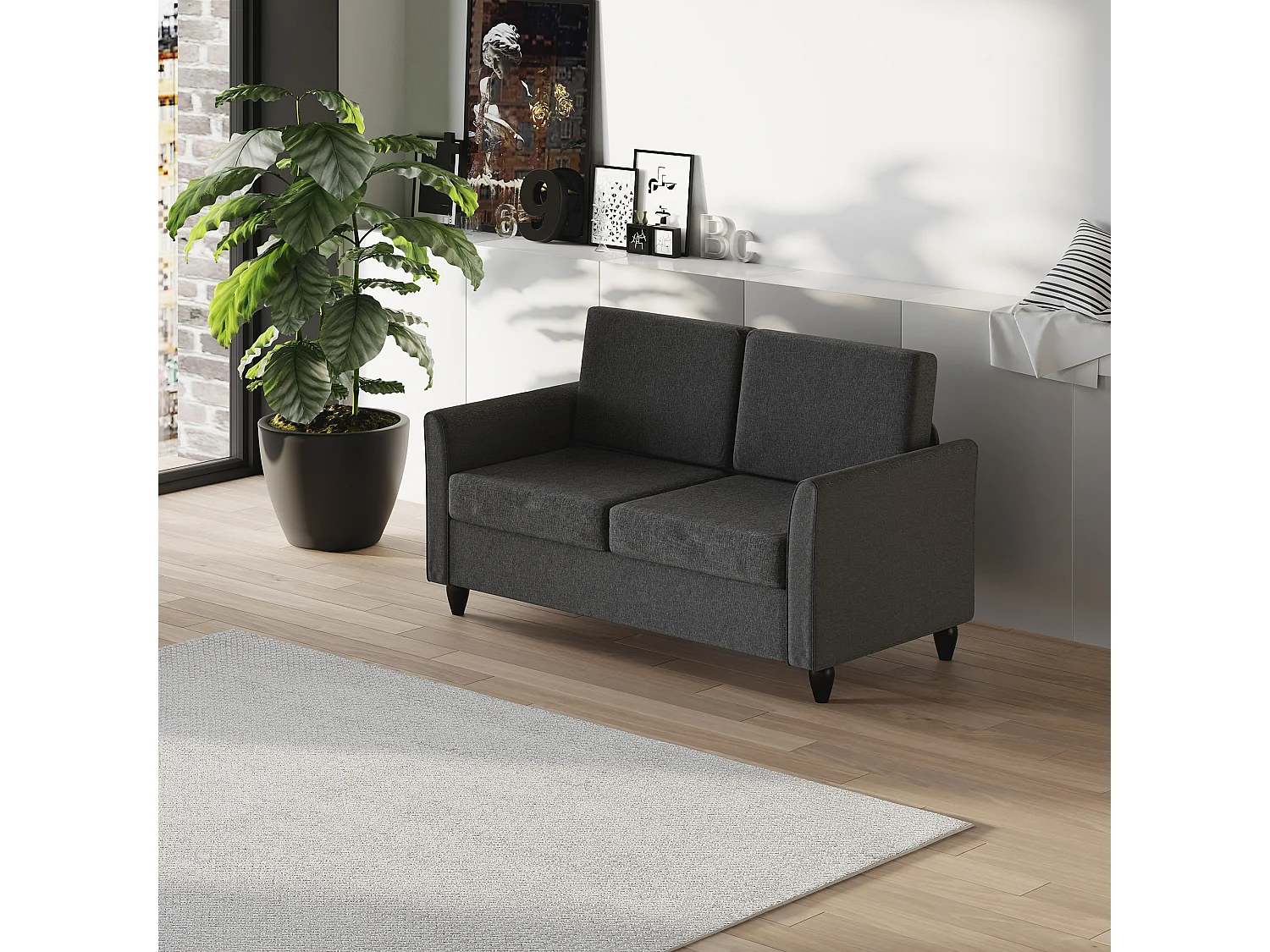 Divano a 2 posti con cuscini da salotto lino grigio scuro