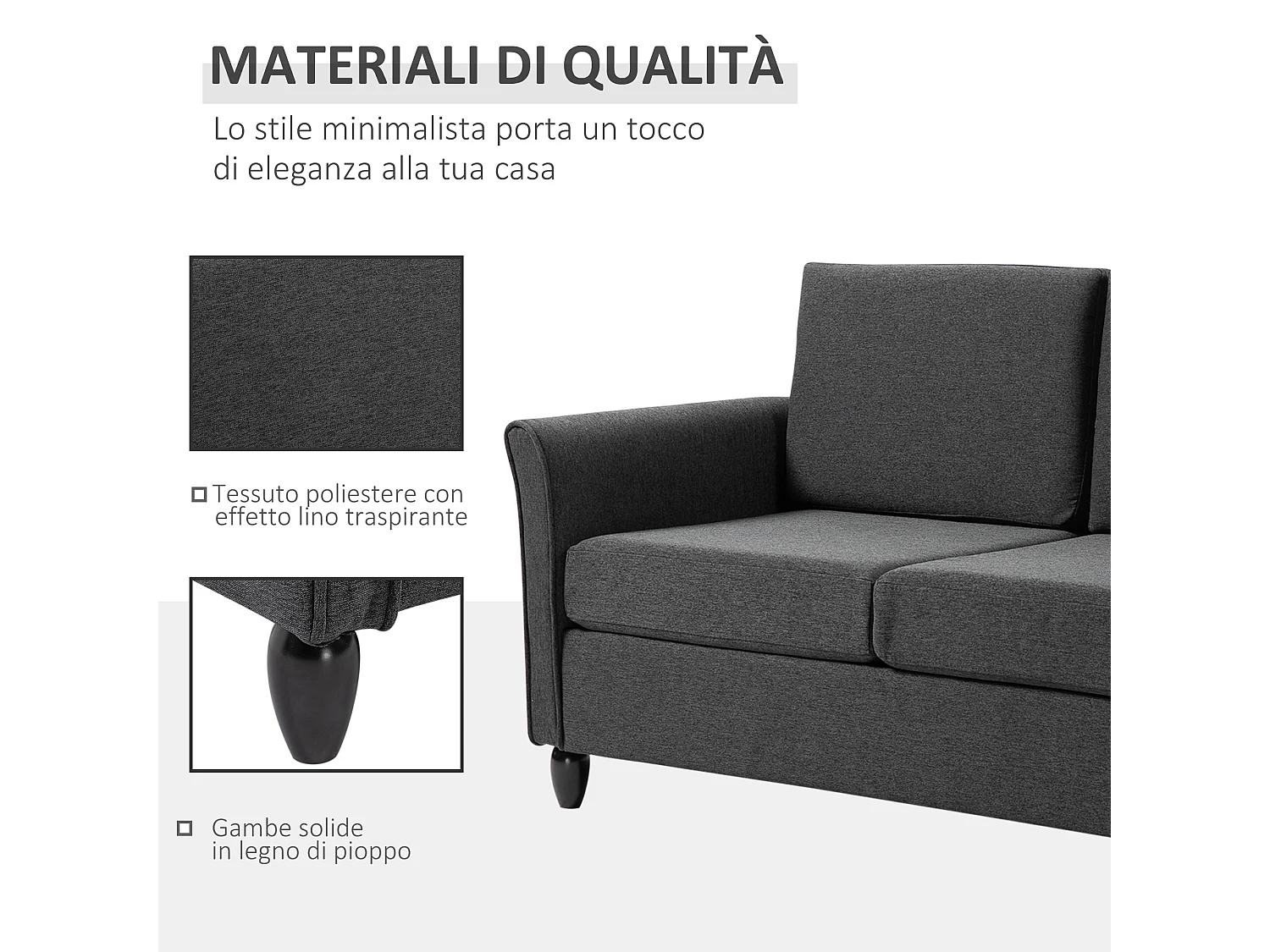 Divano a 2 posti con cuscini da salotto lino grigio scuro