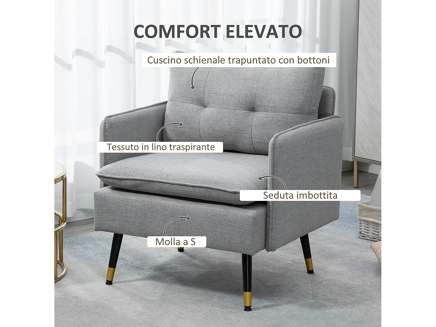Poltrona per soggiorno e camera da letto con seduta imbottita grigio