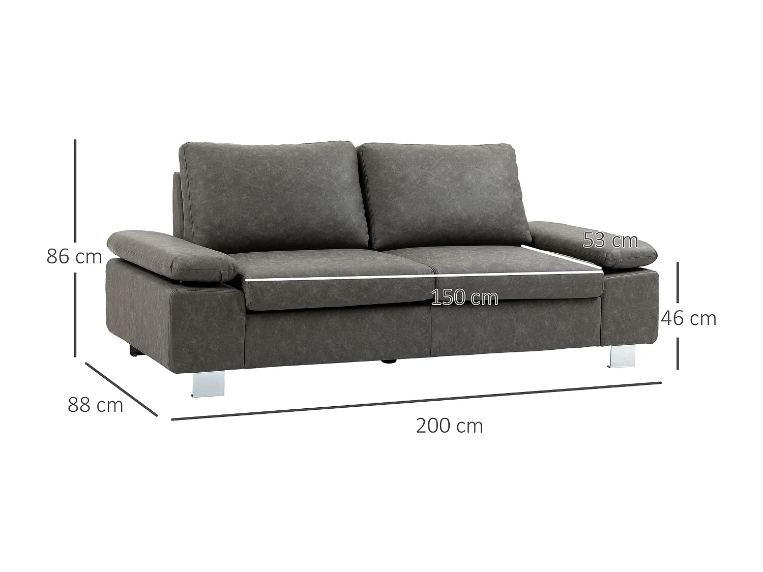 Divano 2 posti con seduta imbottita e braccioli regolabili grigio