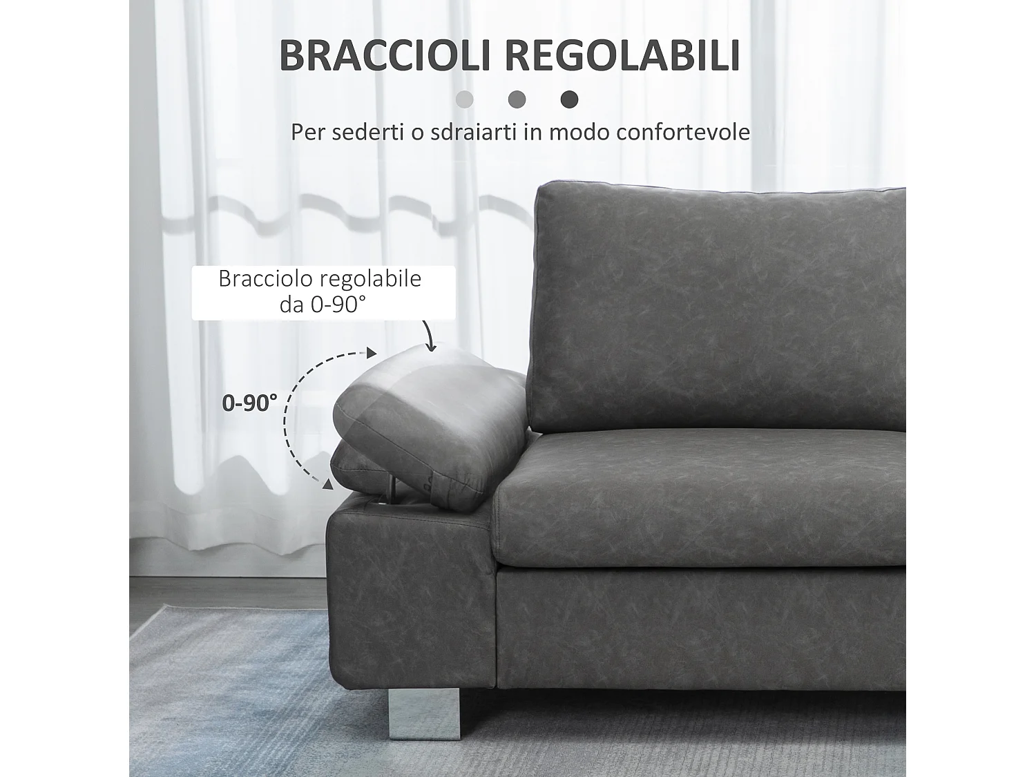 Divano 2 posti con seduta imbottita e braccioli regolabili grigio