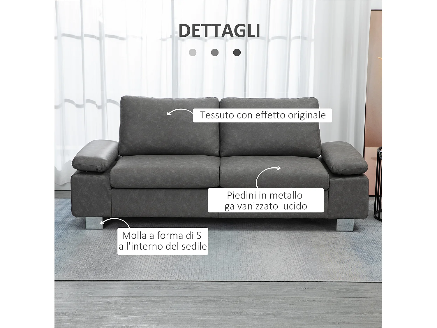 Divano 2 posti con seduta imbottita e braccioli regolabili grigio