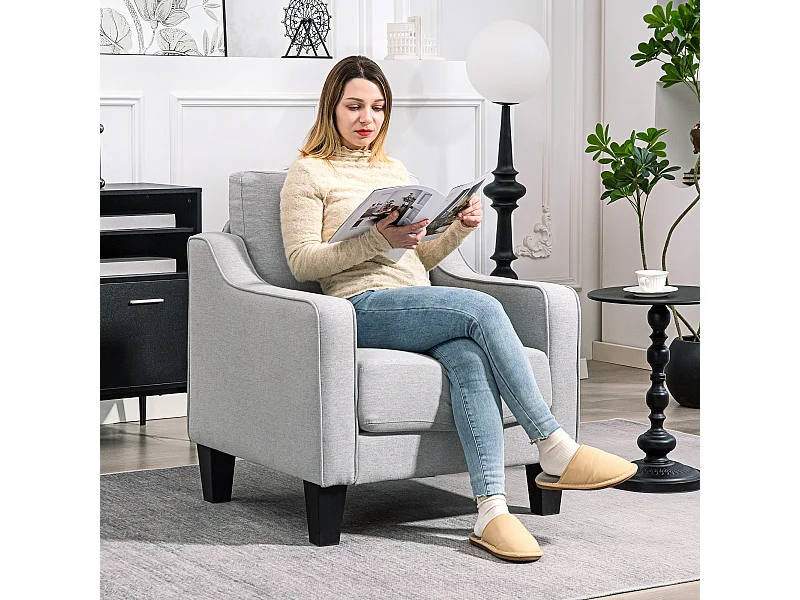 Poltrona moderna con imbottitura spessa in tessuto grigio chiaro