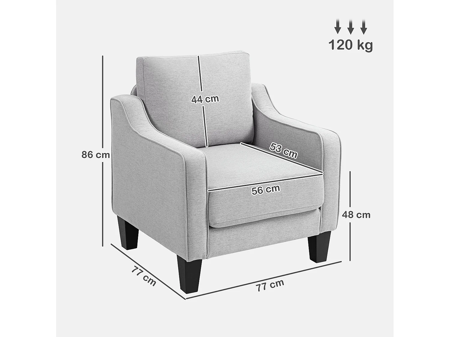 Poltrona moderna con imbottitura spessa in tessuto grigio chiaro